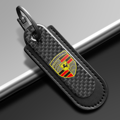 Porsche Carbon Fiber With Black Leather Keychain