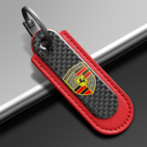 Porsche Carbon Fiber With Red Leather Keychain