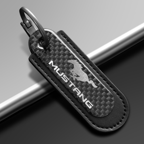 Ford Mustang Carbon Fiber With Black Leather Keychain