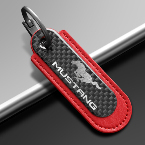 Ford Mustang Carbon Fiber With Red Leather Keychain