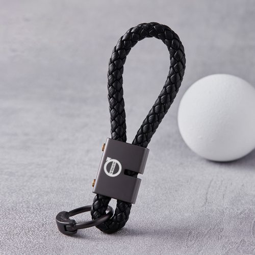 Volvo Black Braided Leather Stainless Steel Keychain