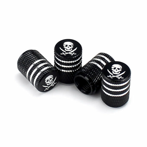 Pirate Skull Black Laser Engraved Tire Valve Caps – Extra Spare Cap Total 5 Caps