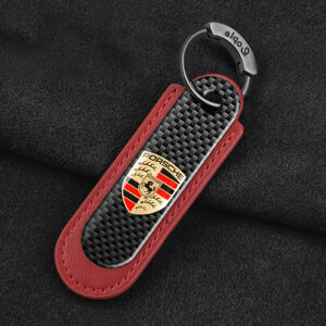 Porsche Carbon Fiber With Red Leather Keychain