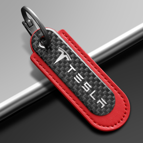 Tesla Carbon Fiber With Red Leather Keychain
