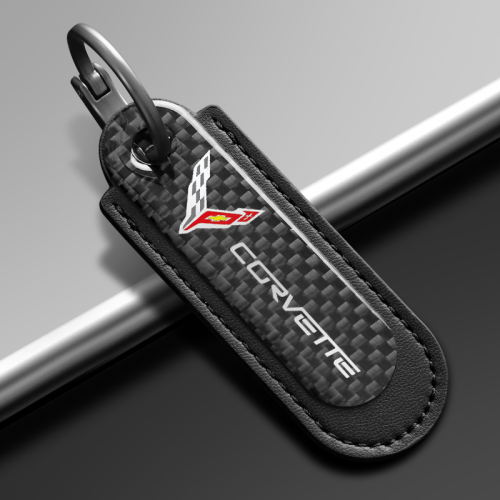 Chevrolet Corvette C8 Carbon Fiber Black Leather Keychain