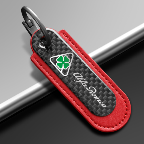 Alfa Romeo Quadrifoglio Carbon Fiber Red Leather Keychain