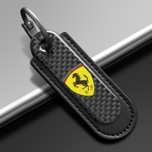 Ferrari Carbon Fiber Black Leather Keychain