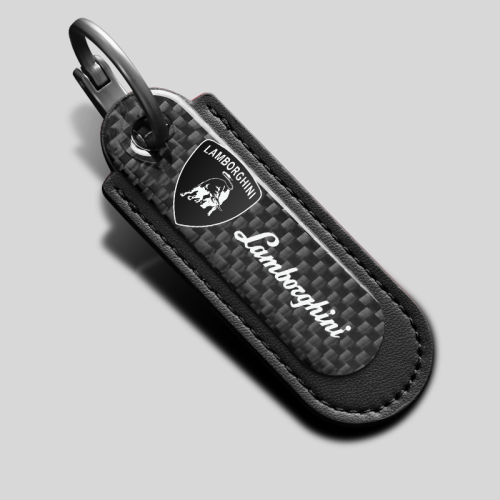 Lamborghini Carbon Fiber Black Leather Keychain