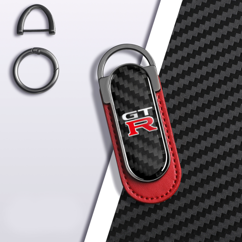 Nissan GTR Carbon Fiber Red Leather Metal Keychain