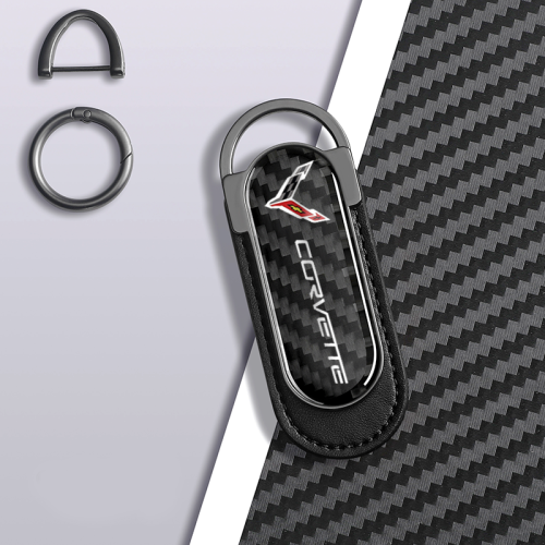Corvette C8 Carbon Fiber Black Leather Metal Keychain