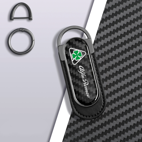 Alfa Romeo Quadrifoglio Carbon Fiber Black Leather Metal Keychain