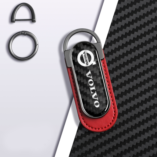 Volvo Carbon Fiber Red Leather Metal Keychain