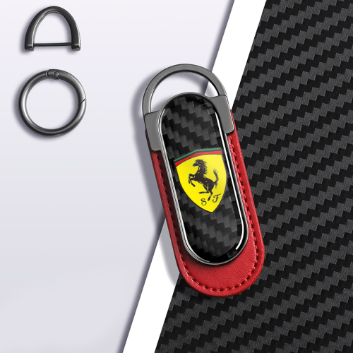 Ferrari Carbon Fiber Red Leather Metal Keychain