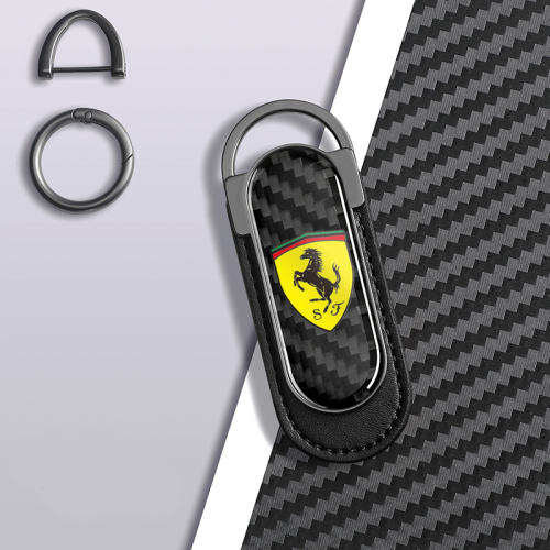 Ferrari Carbon Fiber Black Leather Metal Keychain