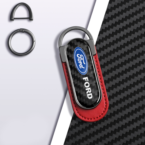 Ford Carbon Fiber Red Leather Metal Keychain
