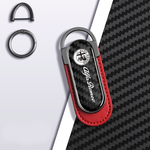 Alfa Romeo Carbon Fiber Red Leather Metal Keychain