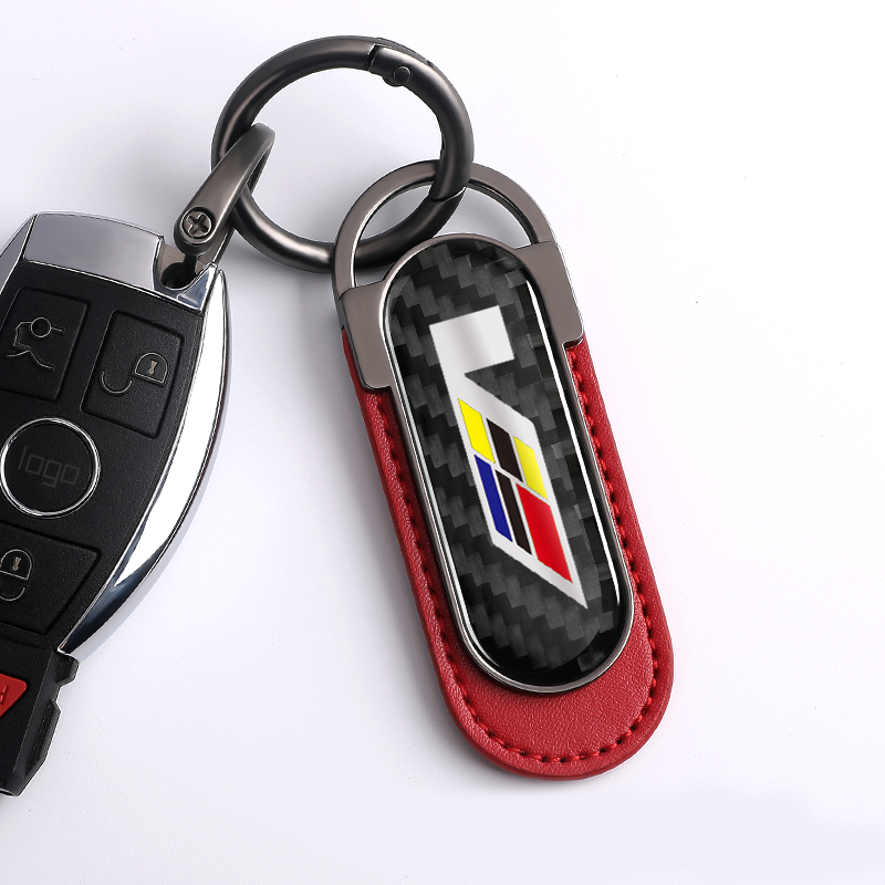 Cadillac V Carbon Fiber Red Leather Metal Keychain - Image 2